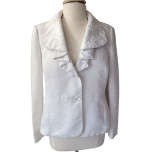 Le Suit Size 14 White Jacquard Ruffled Neck Lined Blazer Jacket